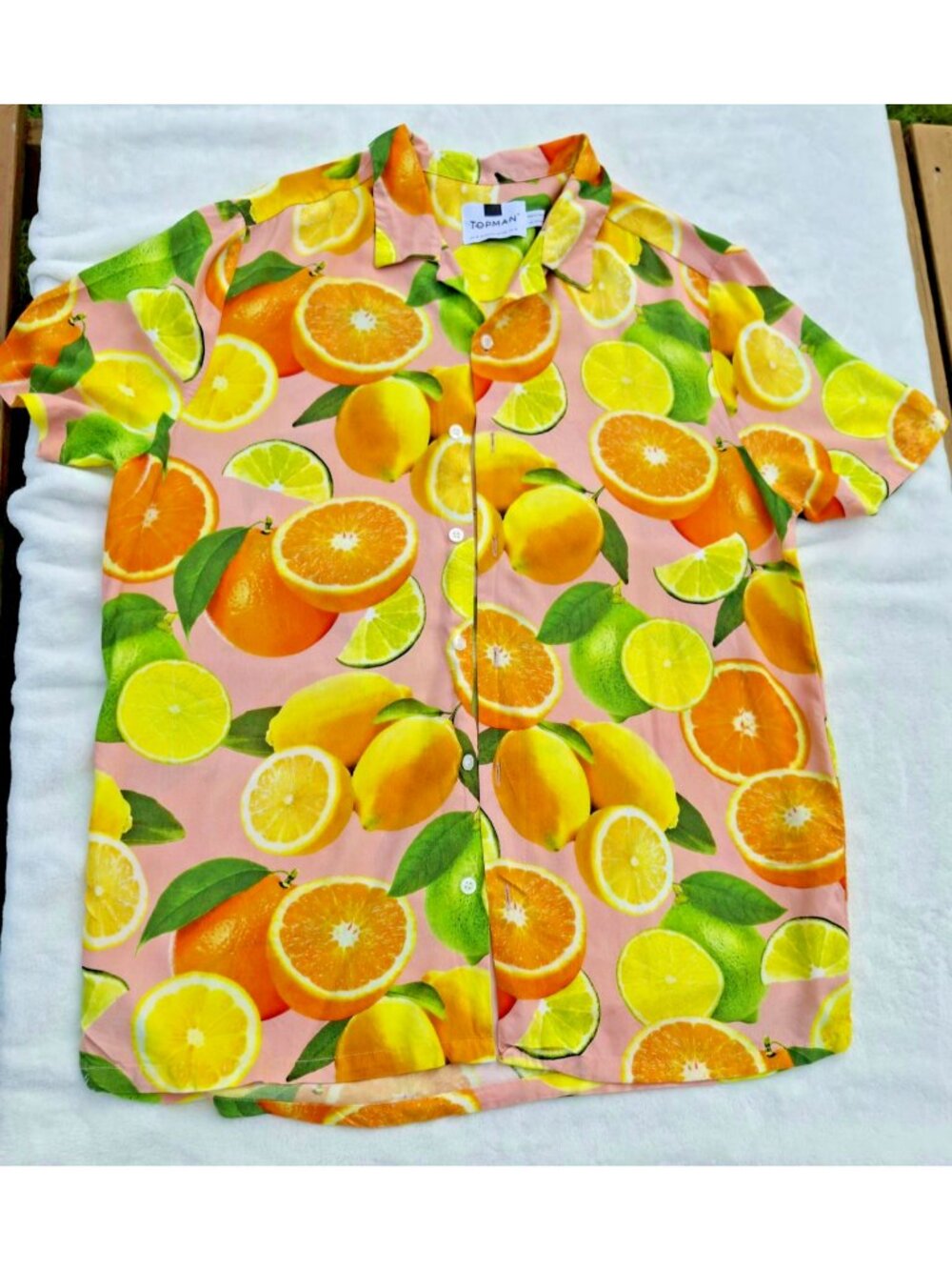 TOPMAN 100% Linen Mens Medium Resort Shirt Citrus Lemon Orange Print Pink Summer